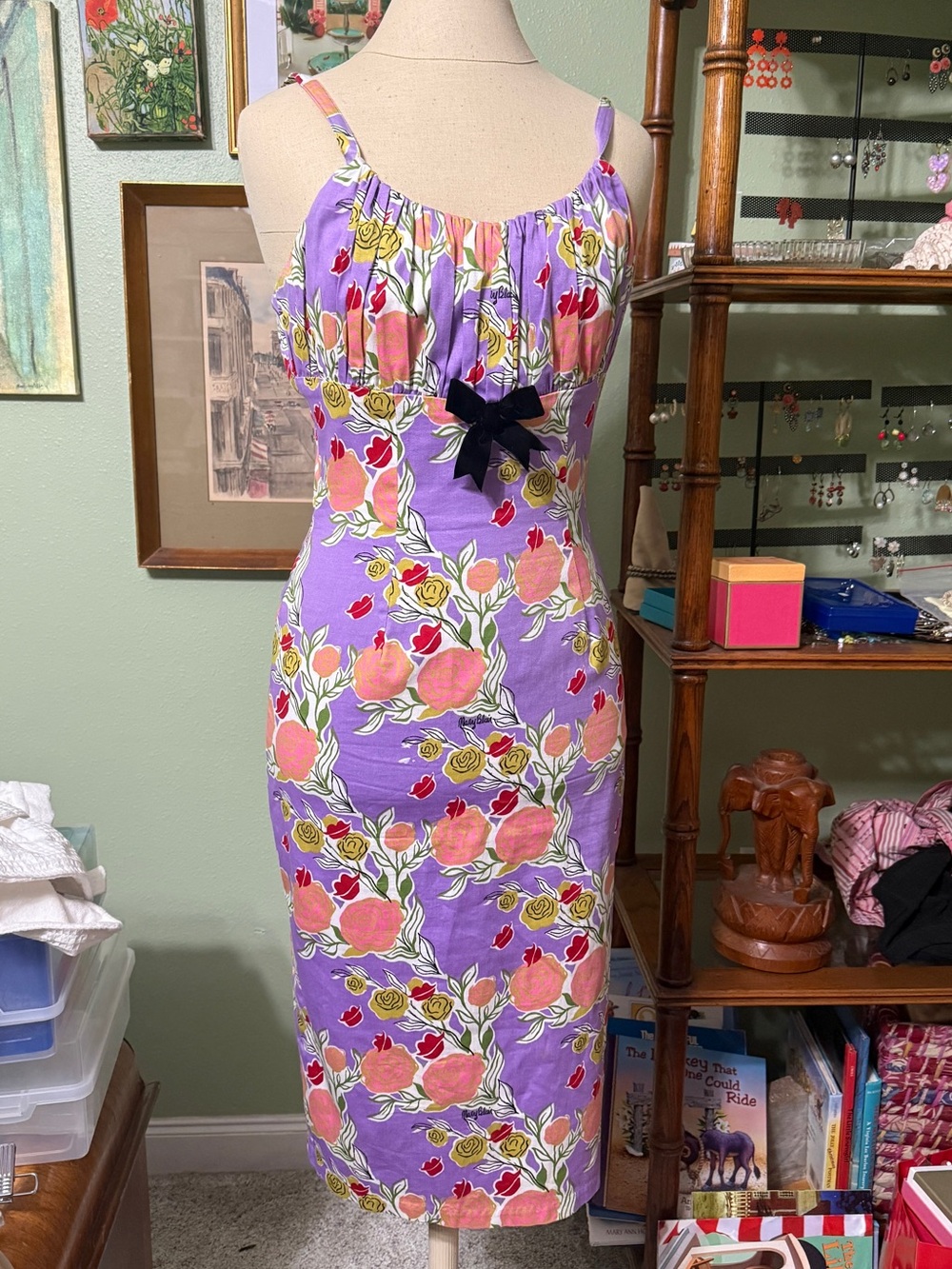 Pinup Couture Lilac Floral Midi Dress with Black Bow Mary Blair